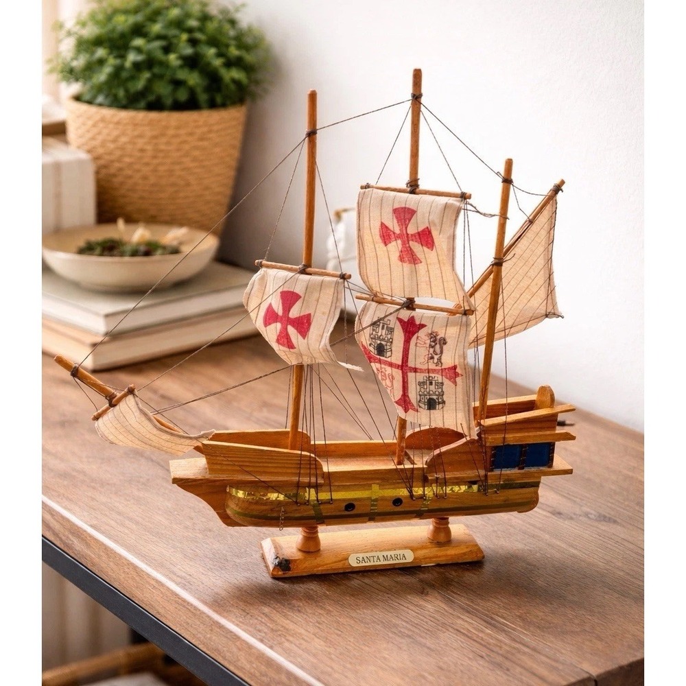 Vintage Wooden Sailing Ship Model Santa Maria 1492 Christopher Columbus Boat EC